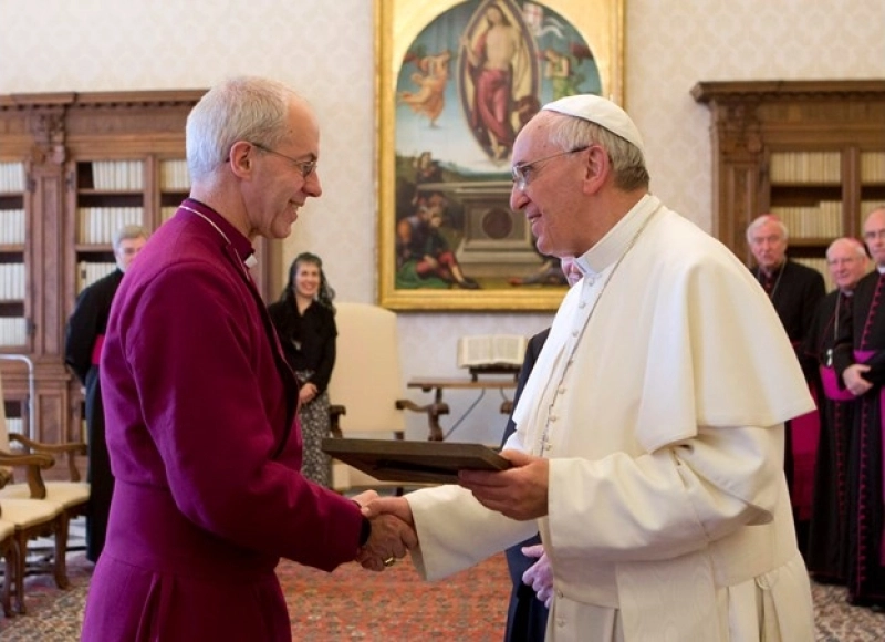 Pope Francis welcomes Archbishop of Canterbury Justin Welby at the Vatican. Both spoke of the 'bonds of friendship and love' between the Roman Catholic Church and the Anglican Communion