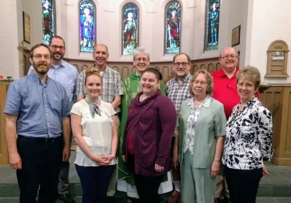 ARC-Canada members gathered at St. Michael's College, Toronto. L-R: Julien Hammond, Rev Dr Scott Sharman, Dr Michelle Dabrowski, Archbishop Donald Bolen, Bishop Linda Nicholls, ?, Rev Dr Iain Luke, Sr Donna Geernaert, Fr Raymond Lafontaine, and Deacon Maylanne Maybee