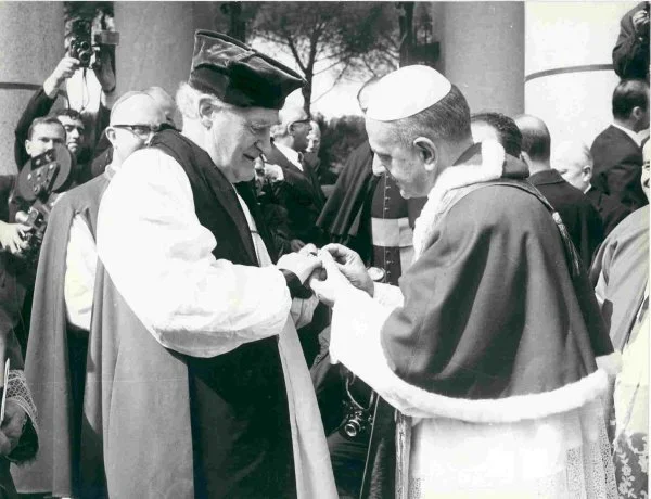 Pope Paul VI places his episcopal ring on the finger of the Anglican Archbishop of Canterbury Michael Ramsey