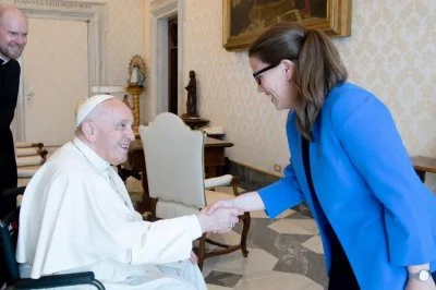 Professor Kristin Colberg greets Pope Francis during meetings of ARCIC III