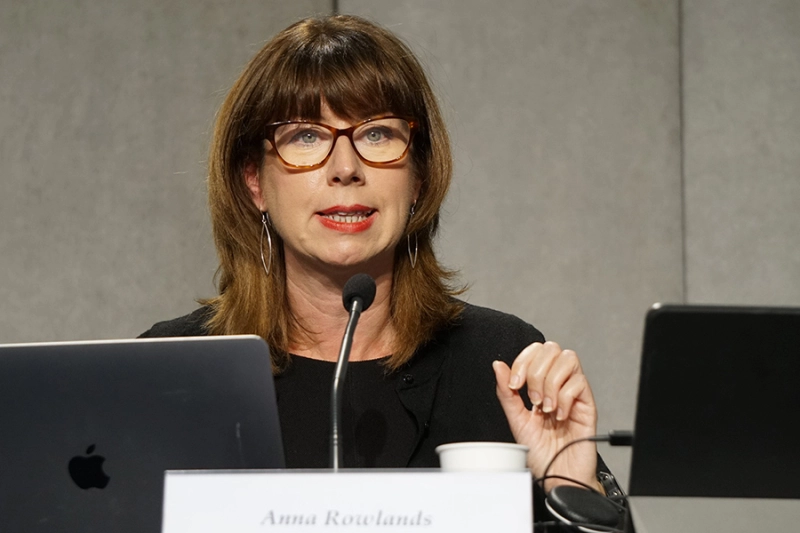 Anna Rowlands, professor of Catholic social thought and practice at Durham University in Durham, England, speaks at a news conference at the Vatican to present the document for the continental phase of the Synod of Bishops on synodality