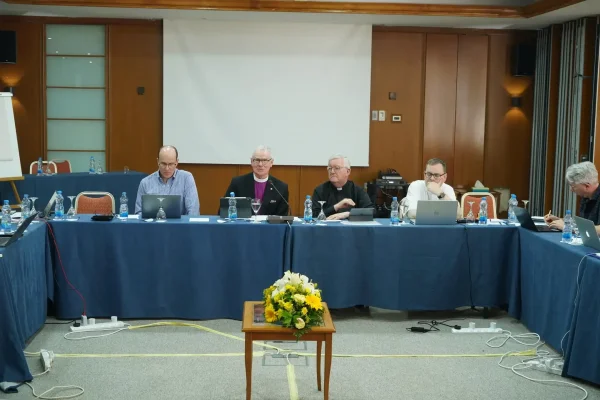 The co-chairs and co-secretaries of ARCIC III at the dialogue meeting in Larnaca, Cyprus. L-R: Dr Christopher Wells, Archbishop Philip Freier, Archbishop Bernard Longley, and Revd Martin Browne OSB