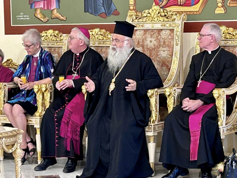 ARCIC III visited with Archbishop George III of the Church of Cyprus at the Archbishop's palace in Nicosia. L-R: Archbishop Linda Nicholls, Archbishop Bernard Longley (Co-chair), Archbishop George III, and Archbishop Philip Freier (co-chair)