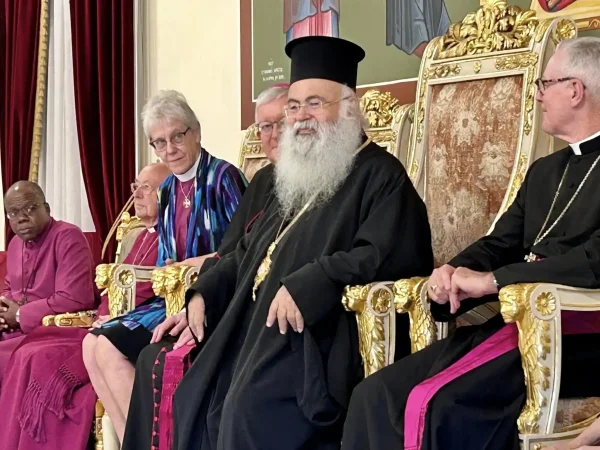 Archbishop Linda Nicholls listens intently to Archbishop George III of the Church of Cyprus during the visit of ARCIC III to the Archbishop's palace in Nicosia