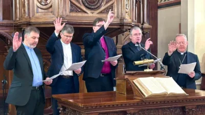 The Church Leaders Group (Ireland) offered a blessing during a special ecumenical service to mark the 25th anniversary of the Good Friday Agreement. Shown here: Rev David Turtle, President of the Methodist Church in Ireland; Revd Dr Sam Mawhinney, Moderator of the General Assembly of the Presbyterian Church in Ireland; Bishop Andrew Forster, President of the Irish Council of Churches; Archbishop John McDowell, Anglican Archbishop of Armagh; and Archbishop Eamon Martin, Catholic Archbishop of Armagh