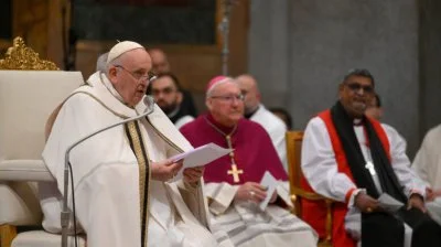 Pope Francis celebrates an ecumenical evening prayer service marking the end of the Week of Prayer for Christian Unity at the Basilica of St. Paul Outside the Walls in Rome