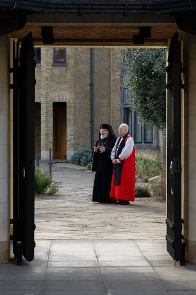 Episcopalian Bishop John Bauerschmidt of Tennessee and Romanian Catholic Bishop John M. Botean of the Eparchy of St George in Canton, Ohio, pose for a photo at Canterbury Cathedral in England Jan. 28, 2024, during the final part of a pilgrimage to Rome and Canterbury sponsored by the International Anglican-Roman Catholic Commission for Unity and Mission