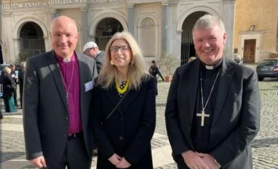 Catholic Bishop Adrian Wilkinson and Anglican Bishop Niall Coll pictured with the Irish ambassador to the Holy See, Frances Collins, outside of the Basilica of St Paul Outside the Walls in Rome. The bishops, in Rome for the IARCCUM Summit, attended Vespers at the end of the Week of Prayer for Christian Unity and were commissioned by Pope Francis and Archbishop of Canterbury Justin Welby to return to Ireland and promote relations between the two churches