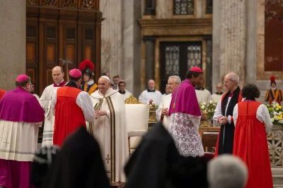 Most Rev Martin Laliberté, PME, Roman Catholic bishop of Trois-Rivières (left), and Rt Rev Bruce Myers, Anglican bishop of Québec (facing Pope Francis), were among the pairs of bishops from 27 countries who were commissioned by Pope Francis and Archbishop of Canterbury Justin Welby at the Basilica of St Paul Outside the Walls in Rome during the IARCCUM Summit