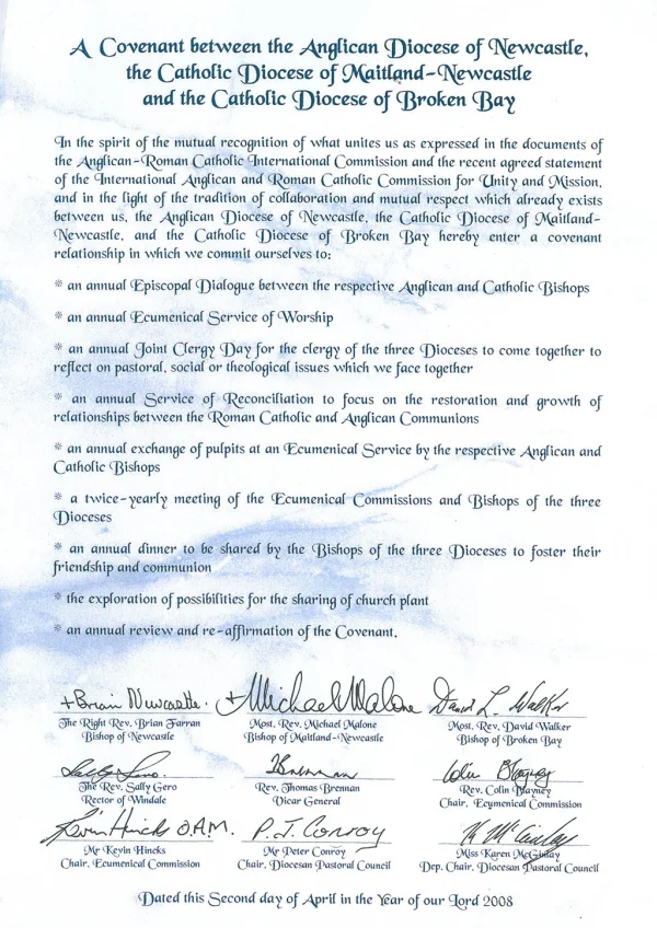 A Covenant between the Anglican Diocese of Newcastle, the Catholic Diocese of Maitland-Newcastle, and the Catholic Diocese of Broken Bay