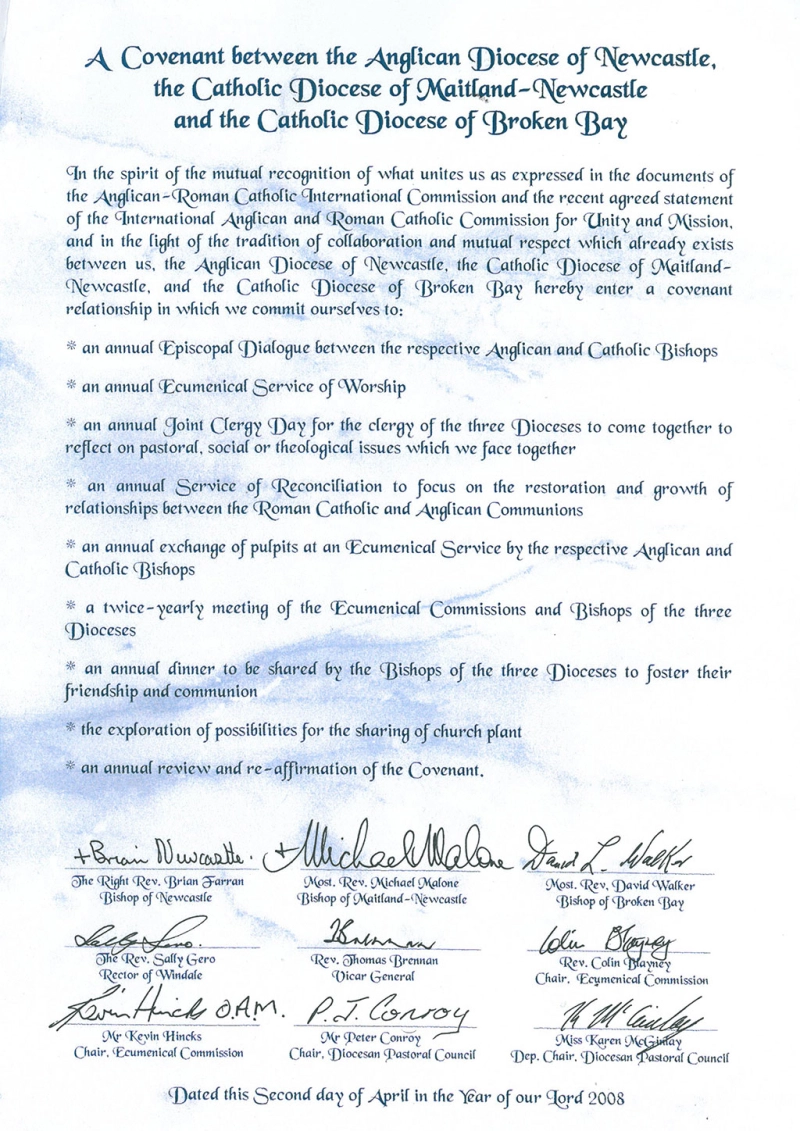 A Covenant between the Anglican Diocese of Newcastle, the Catholic Diocese of Maitland-Newcastle, and the Catholic Diocese of Broken Bay