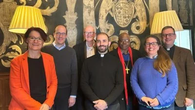 A drafting group from ARCIC III met at St Martin-in-the-Fields, London. L-R: Prof. Sigrid Müller, Dr Christopher Wells, Rev. Prof. Peter Sedgwick, Rev. Prof. Stewart Clem, Right Revd Garth Minott, Prof. Kristin Colberg, Revd Martin Browne OSB