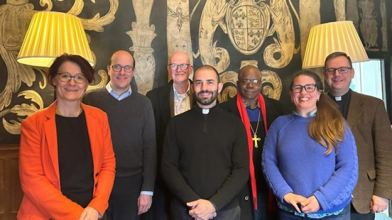 A drafting group from ARCIC III met at St Martin-in-the-Fields, London. L-R: Prof. Sigrid Müller, Dr Christopher Wells, Rev. Prof. Peter Sedgwick, Rev. Prof. Stewart Clem, Right Revd Garth Minott, Prof. Kristin Colberg, Revd Martin Browne OSB