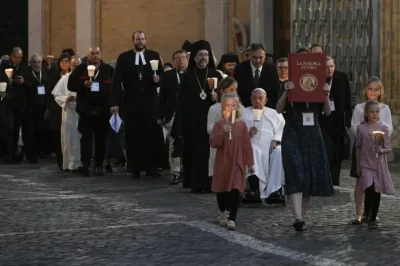 During the 2024 Synod, Pope Francis leads the fraternal delegates and other Synod participants into the Vatican's Protomartyr's Square for an Ecumenical Prayer Service
