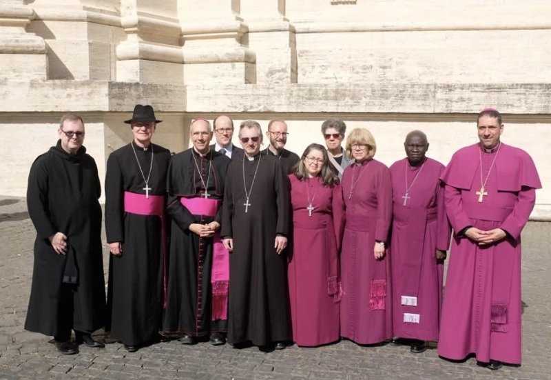 Members of the Anglican delegation to Pope Francis' funeral, together with Catholic hosts. Bishop Freier is the second from the left, wearing the hat