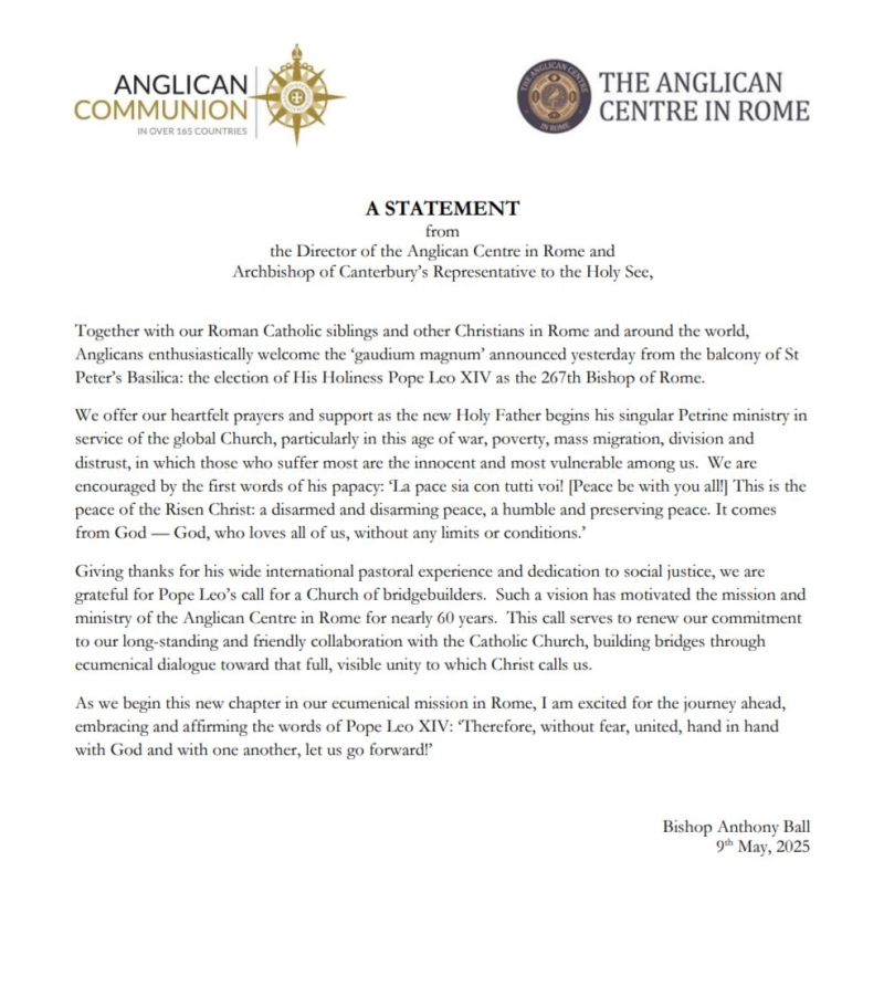 A Statement from the Director of the Anglican Centre in Rome and the Archbishop of Canterbury's Representative to the Holy See