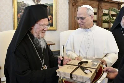 Pope Leo XIV meets with Orthodox Ecumenical Patriarch Bartholomew of Constantinople at the Vatican. The patriarch will host Pope Leo at several prayer services and meetings Nov. 28-30, including a prayer service marking the anniversary of the Council of Nicaea