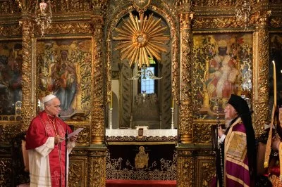 Pope Leo XIV and Ecumenical Patriarch Bartholomew I, the spiritual leader of the world's Eastern Orthodox Christians, attend the Doxology at the Patriarchal Church of Saint George, in Istanbul, Türkiye