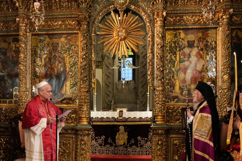Pope Leo XIV and Ecumenical Patriarch Bartholomew I, the spiritual leader of the world's Eastern Orthodox Christians, attend the Doxology at the Patriarchal Church of Saint George, in Istanbul, Türkiye
