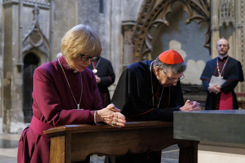 Archbishop of Canterbury Sarah Mullally and Cardinal Kurt Koch knelt in prayer together at the shrine of St Thomas Becket in Canterbury Cathedral