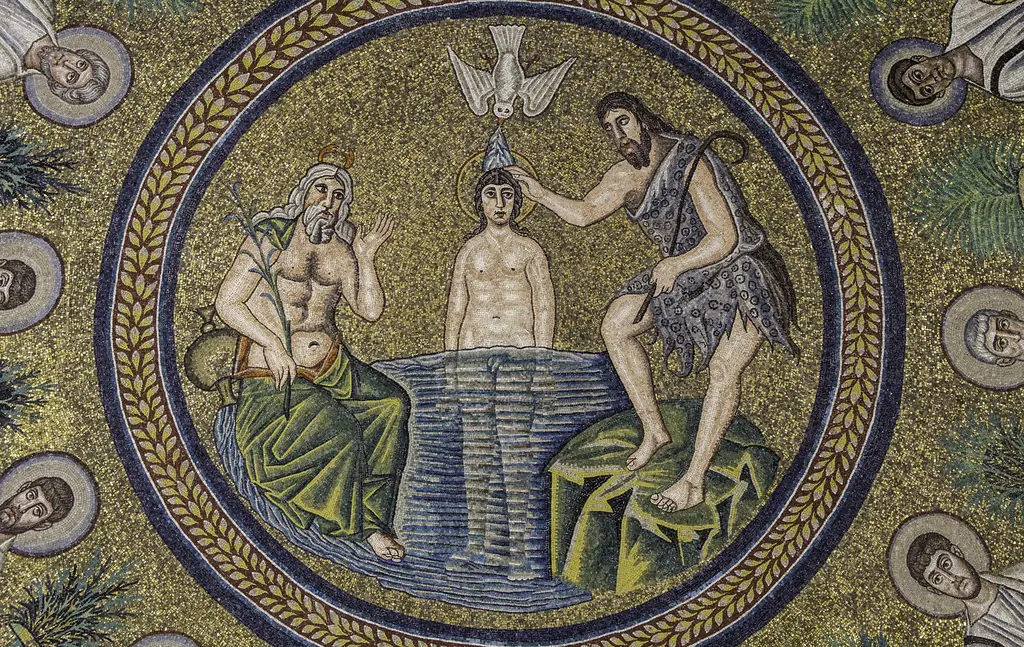 Baptism of Jesus, a 6th-century mosaic detail from the ceiling of the Arian Baptistry in Ravenna, Italy